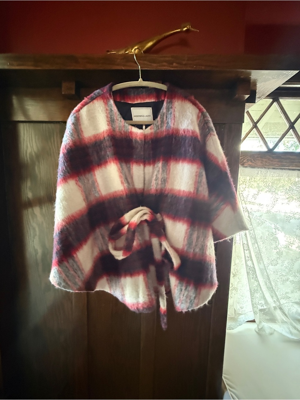 Modern Plaid Tie-Waist Women's Sweater - Red & White & Deep Blue